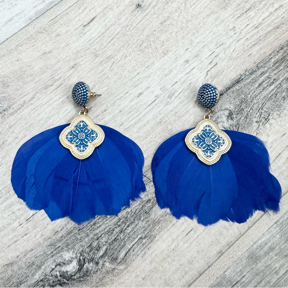 Blue Feather Dangle Earrings - Picture 2 of 3